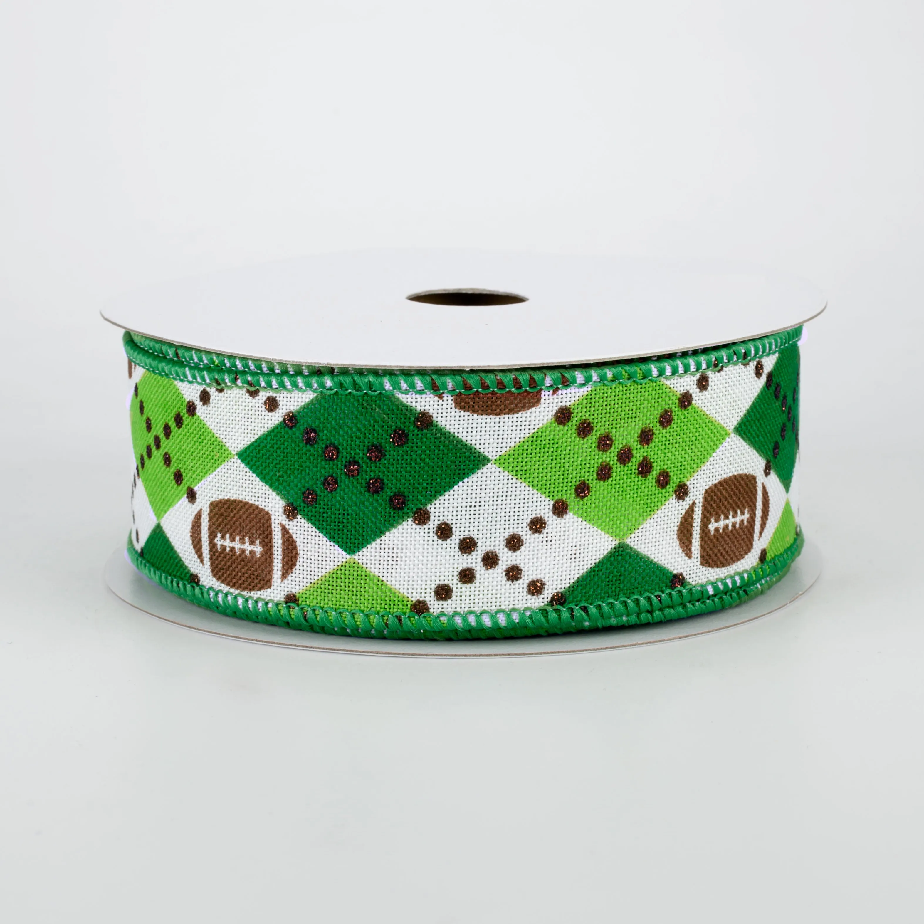 1.5" Argyle Footballs Ribbon: Emerald & Lime (10 Yards)