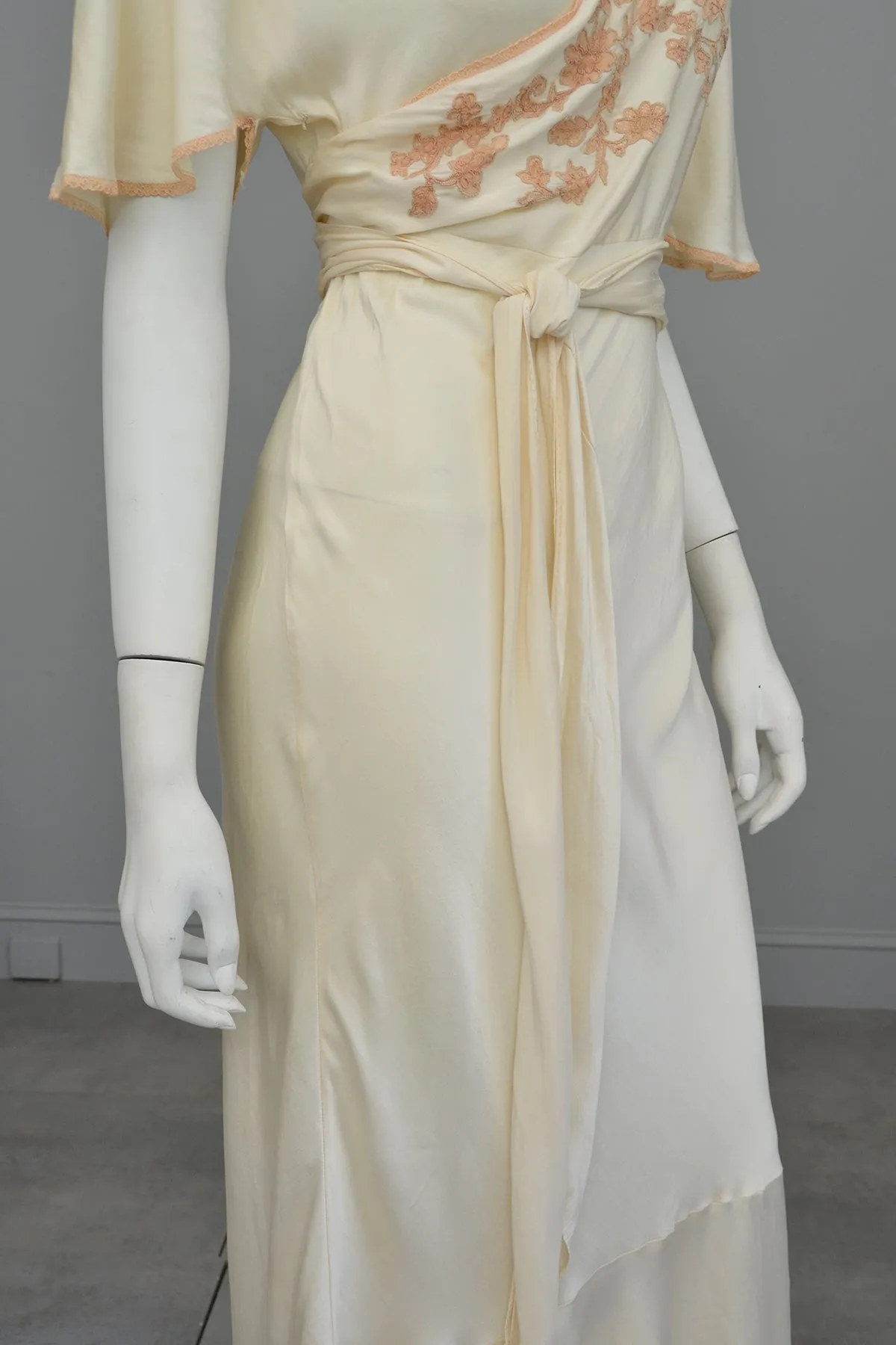 1930s Silk Embroidered Wrap Nightgown Dress w Kimono Style Flutter Sleeves