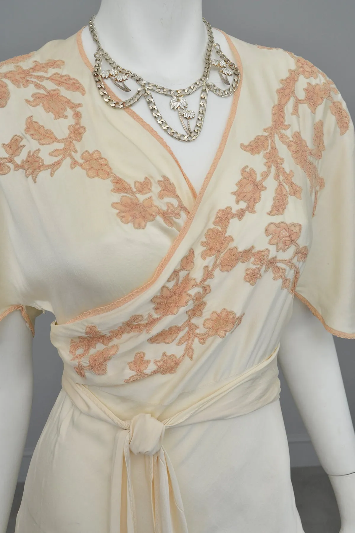 1930s Silk Embroidered Wrap Nightgown Dress w Kimono Style Flutter Sleeves