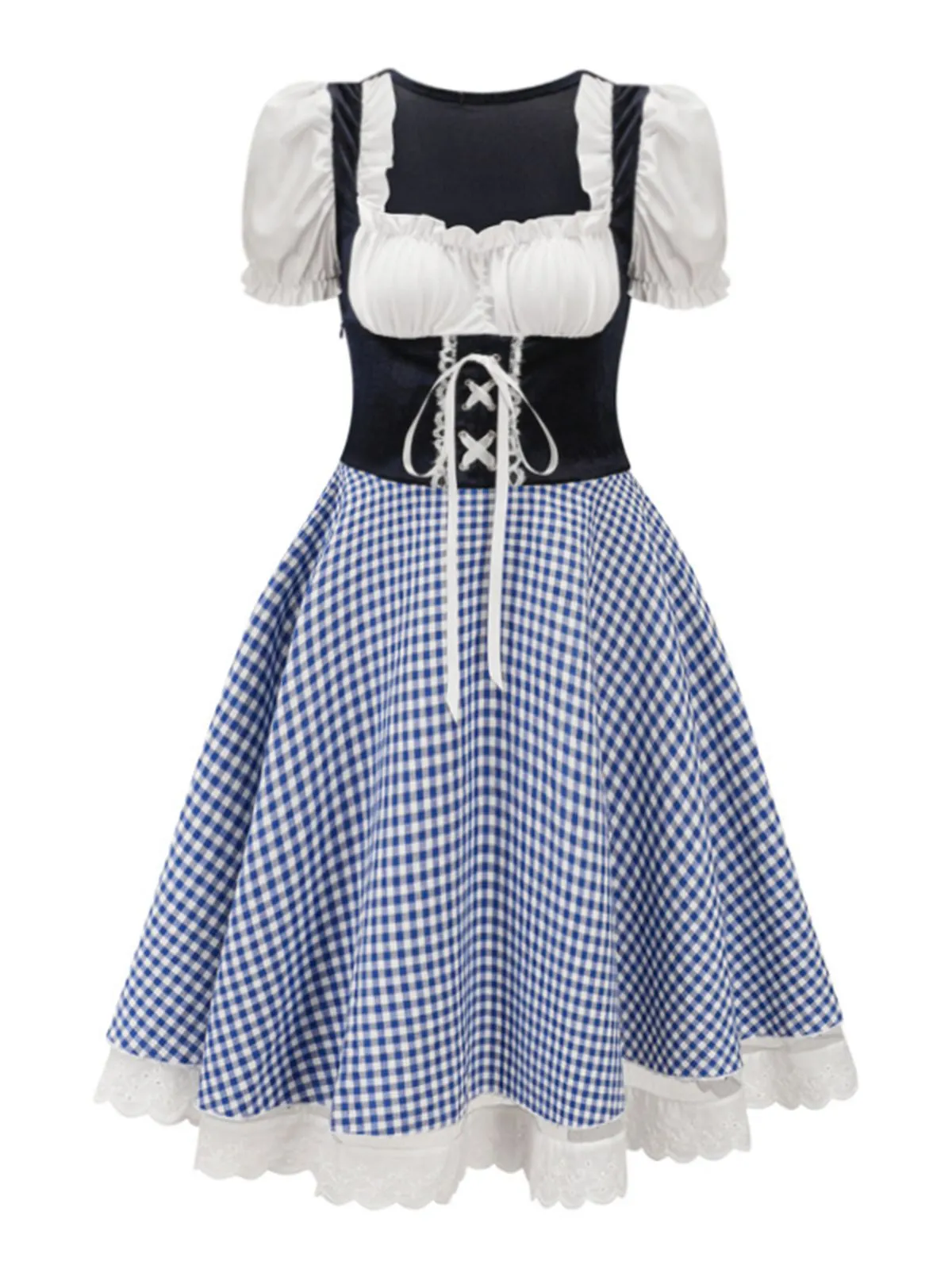 1950s Oktoberfest Puff Sleeves Gingham Plaid Dress