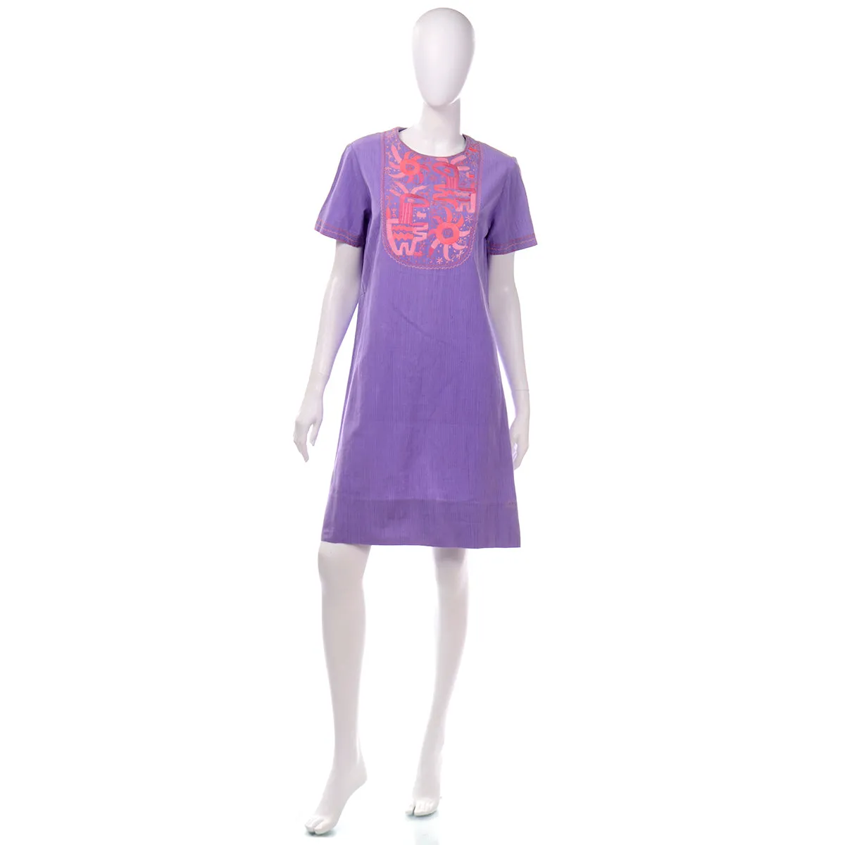 1960s Vicki Purple Cotton Embroidered Mexican Dress