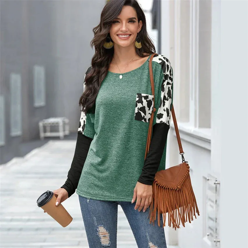 2024 Leopard Patchwork Long Sleeve Tee for Women