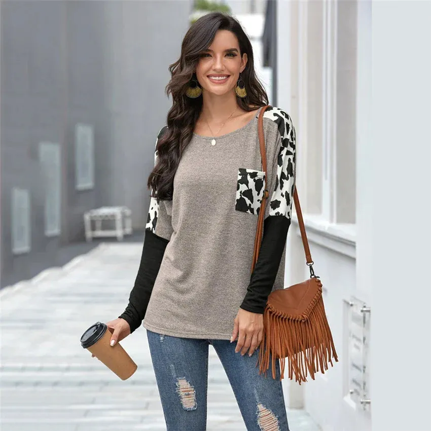 2024 Leopard Patchwork Long Sleeve Tee for Women