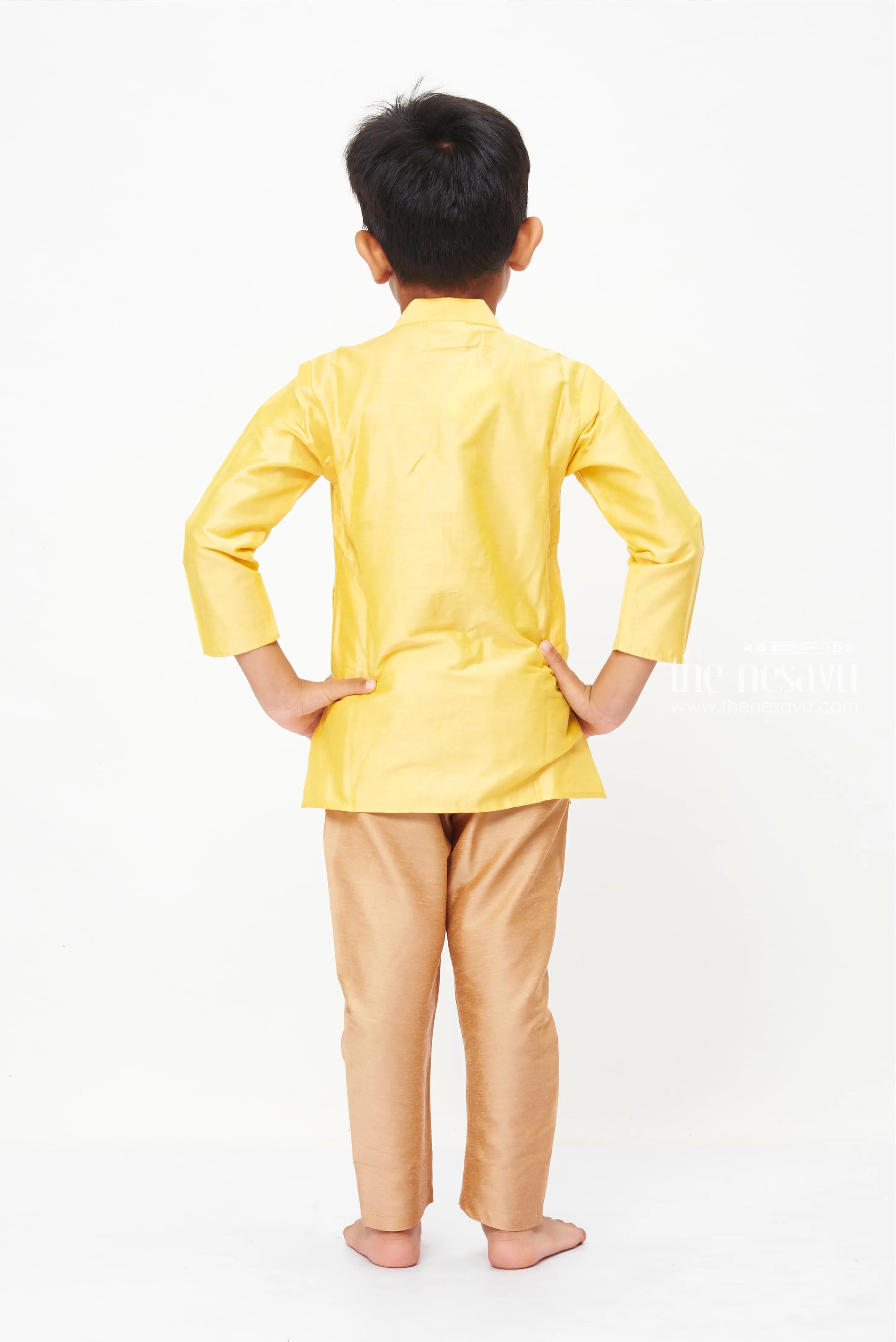 AIY. Traditional Sunshine Yellow Embroidered Kurta with Beige Cotton Pant