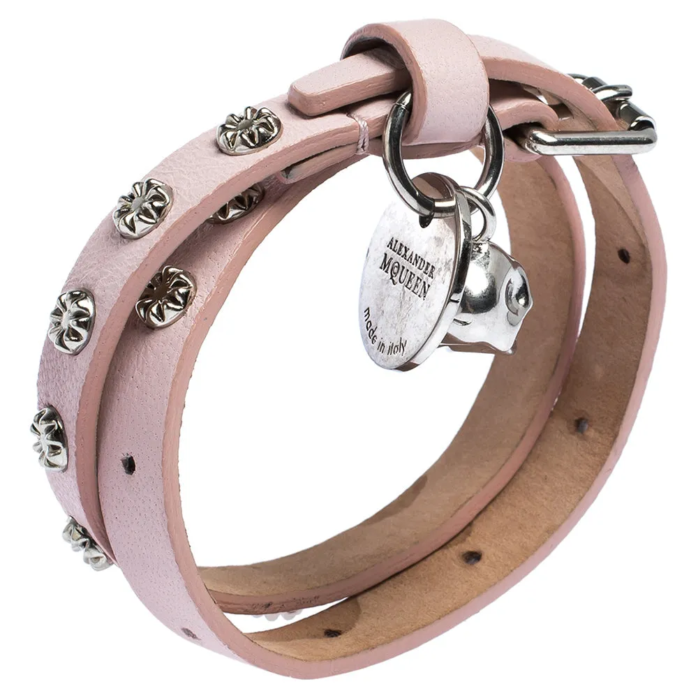 Alexander McQueen Light Pink Leather Skull Wrap Bracelet