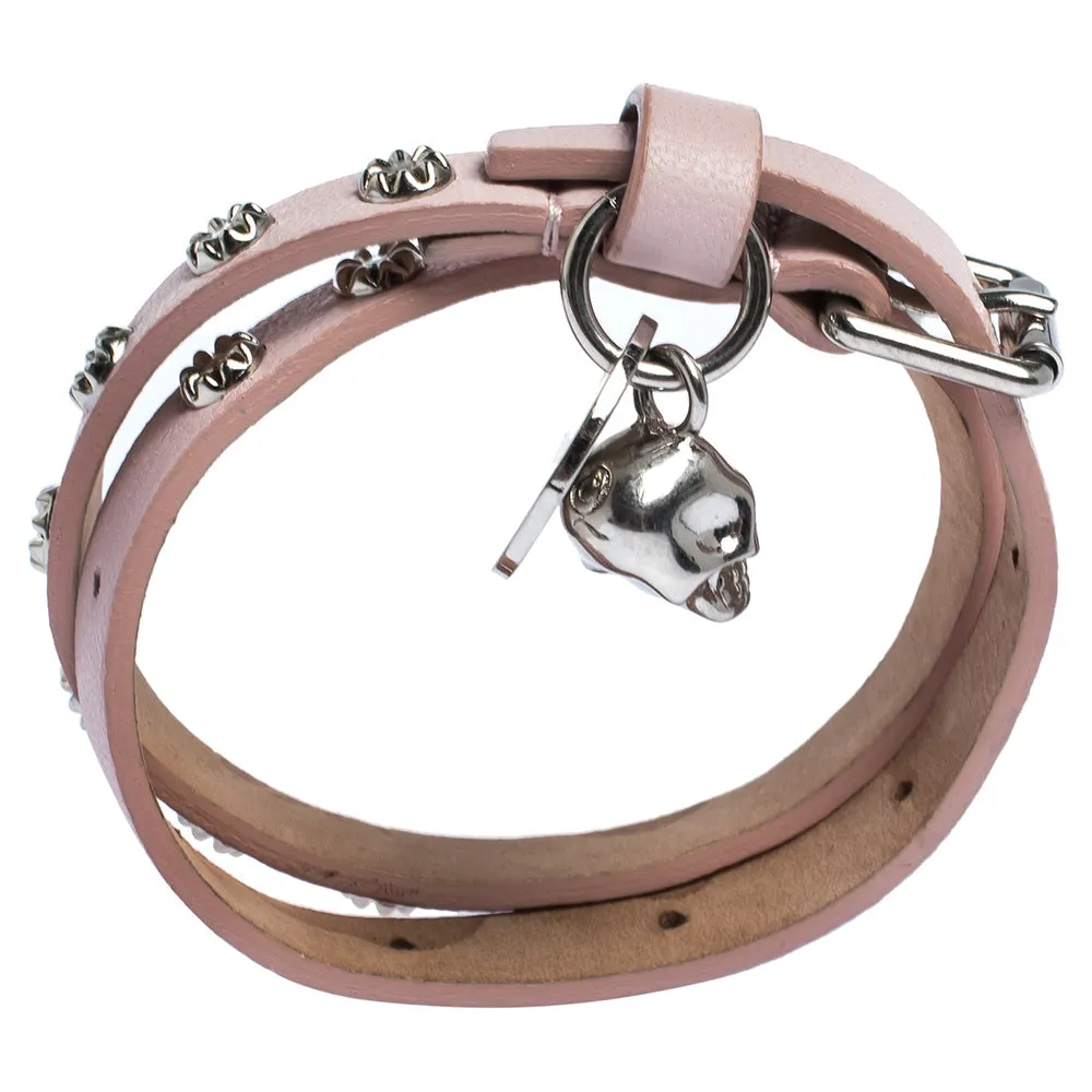 Alexander McQueen Light Pink Leather Skull Wrap Bracelet