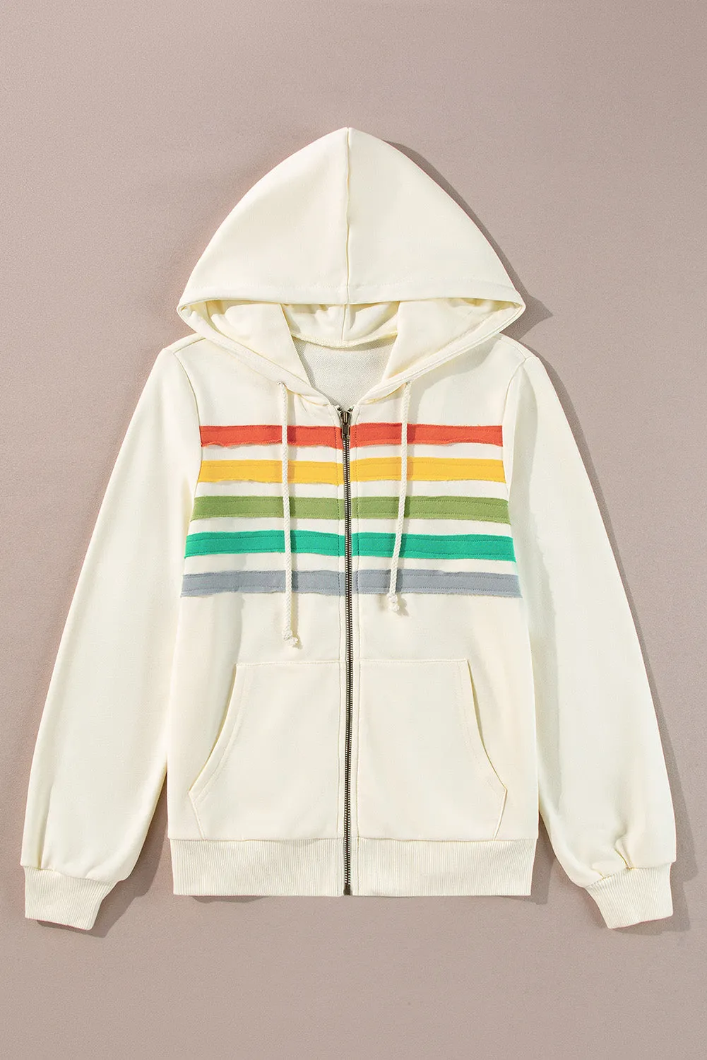 Apricot Colorblock Striped Patchwork Side Pockets Zipper Hoodie