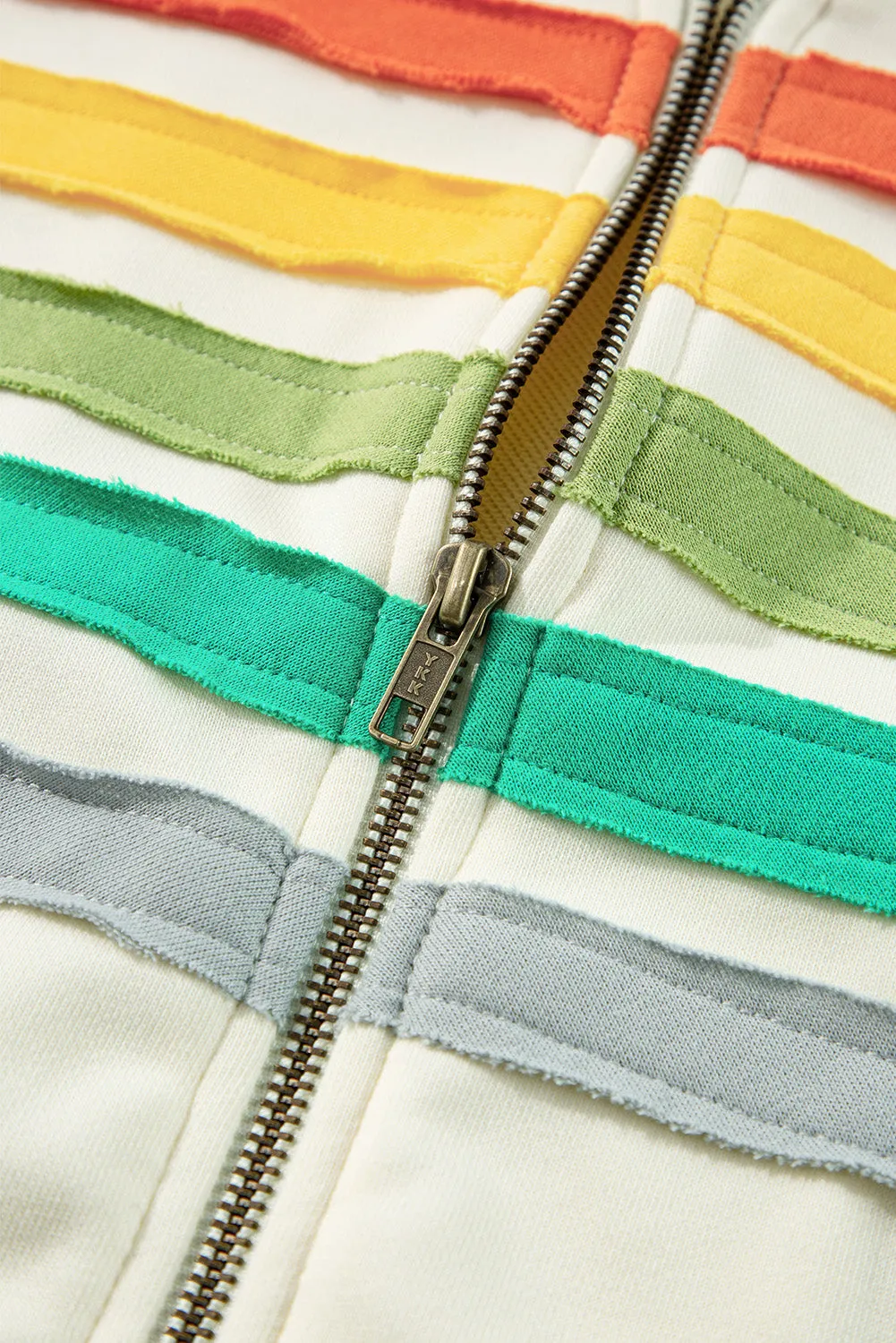 Apricot Colorblock Striped Patchwork Side Pockets Zipper Hoodie