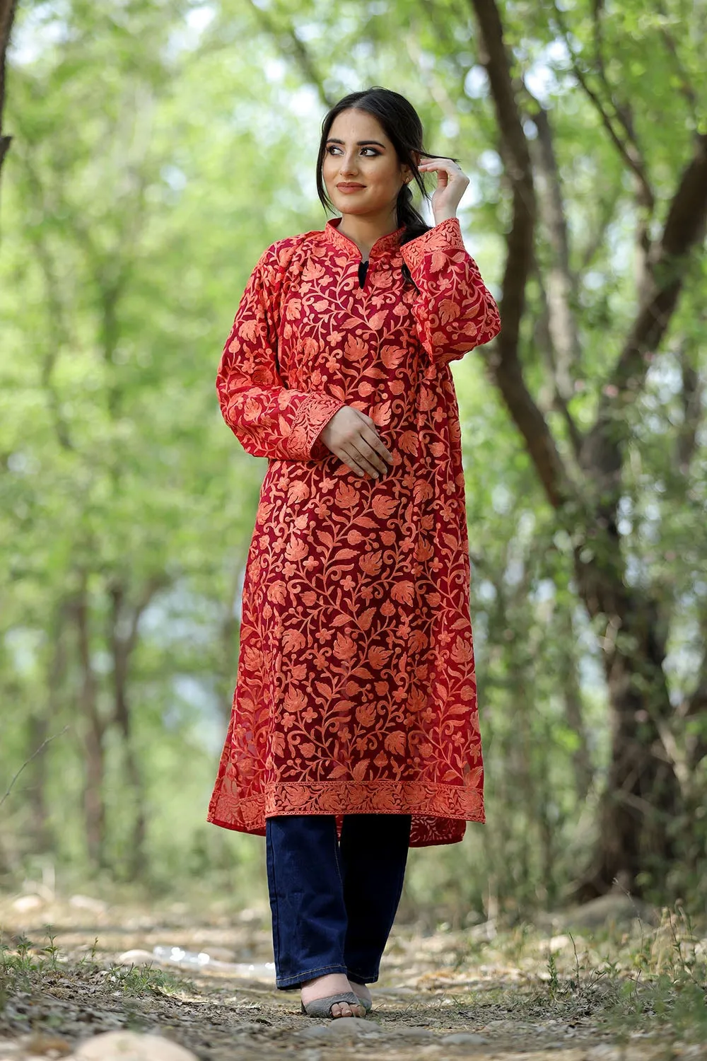 Attractive Red Colour Kashmiri Embroidered Georgette Kurti