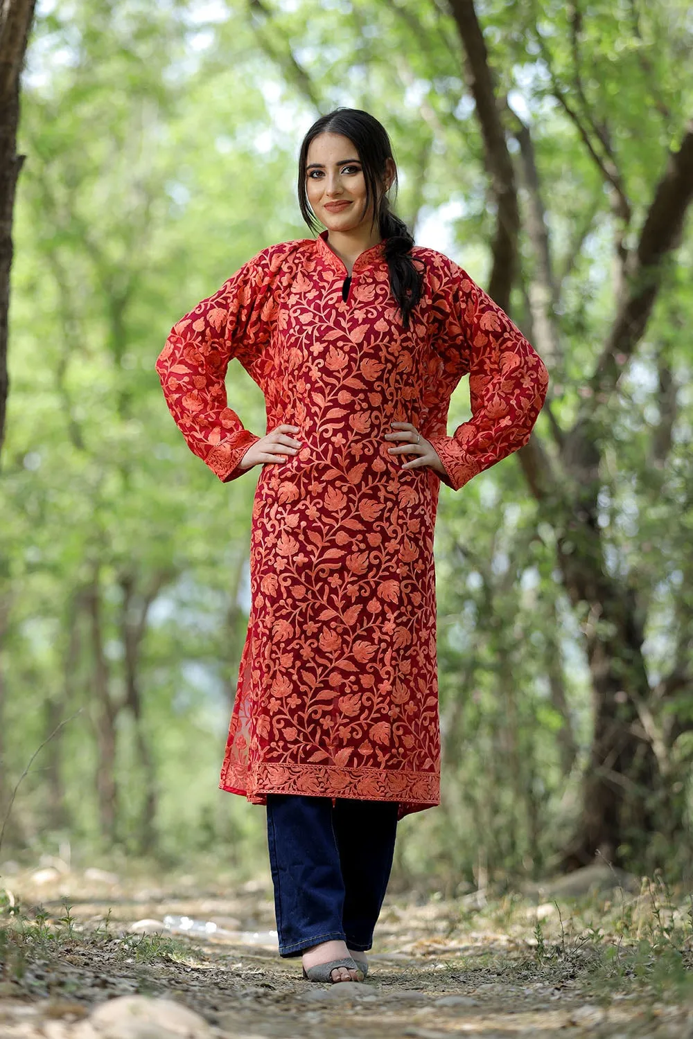 Attractive Red Colour Kashmiri Embroidered Georgette Kurti