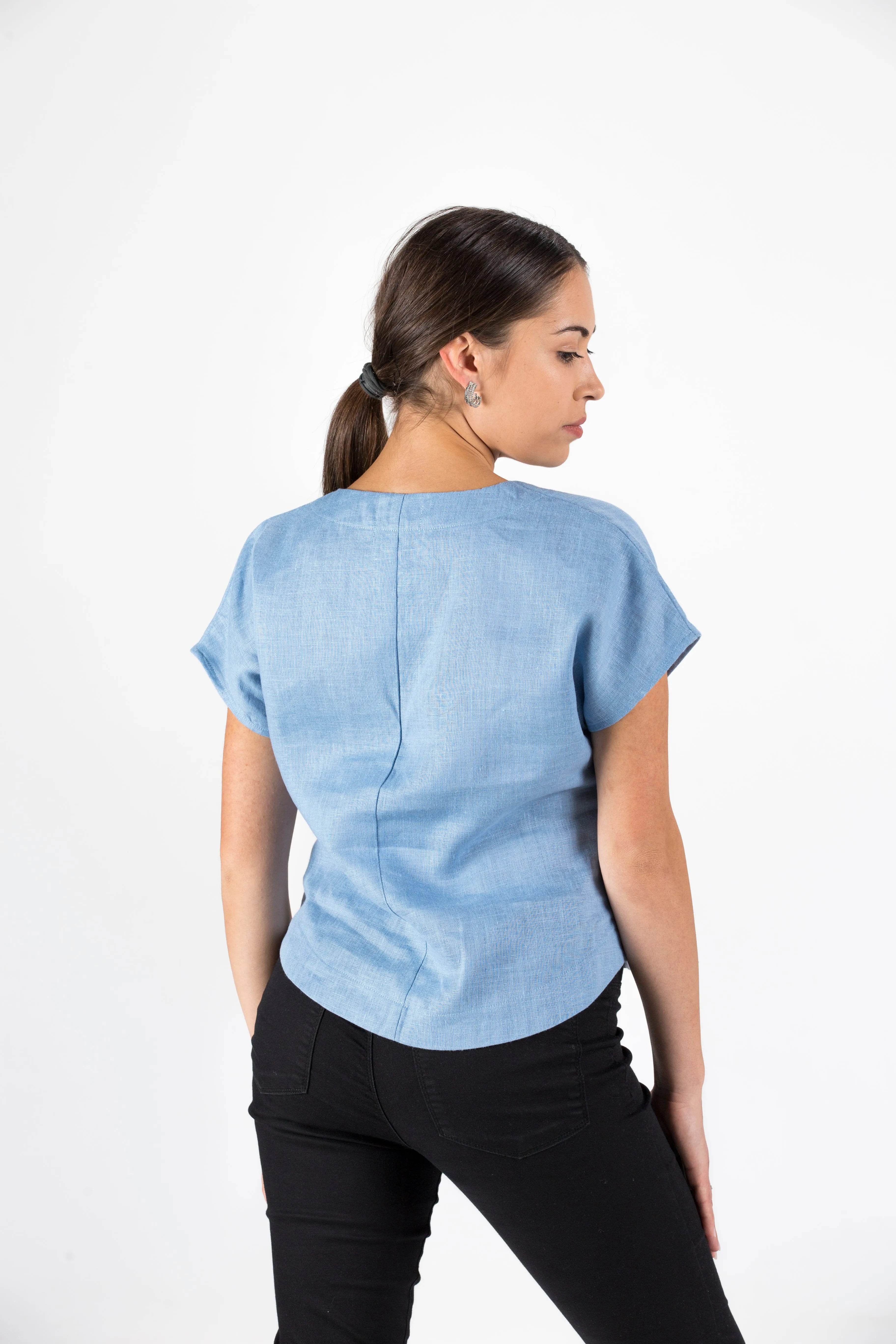 Azzurro Linen Short Sleeve Shirt with Wave Hand Embroidered Detail