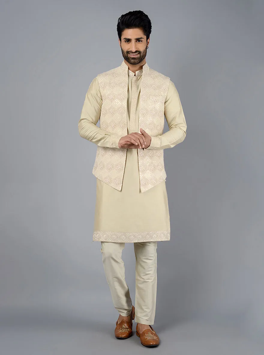 Beige Embroidered Regular Fit Kurta Set With Bandhgala Jacket | TULA