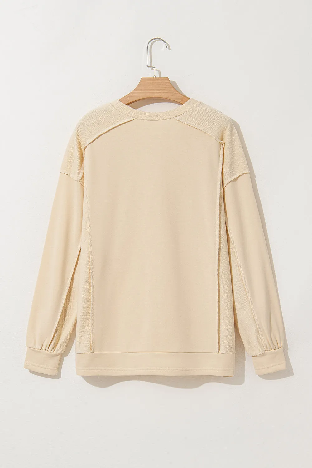 Beige Splicing Round Neck Pullover Sweatshirt