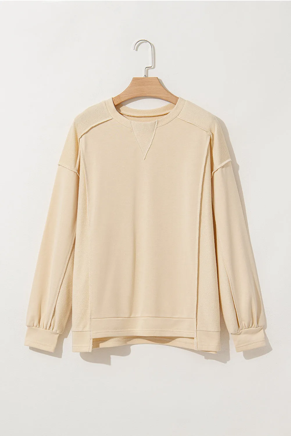 Beige Splicing Round Neck Pullover Sweatshirt