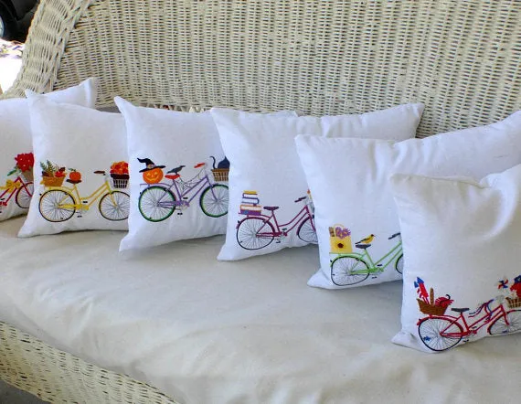 Bike Pillow cover for Fall, Embroidered bicycle pillow covers, October bike pillow