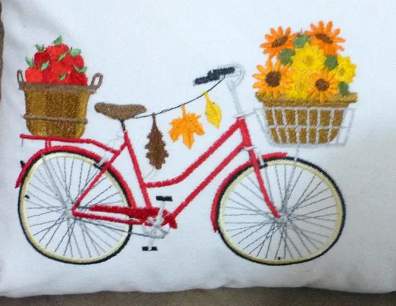 Bike Pillow cover for Fall, Embroidered bicycle pillow covers, October bike pillow