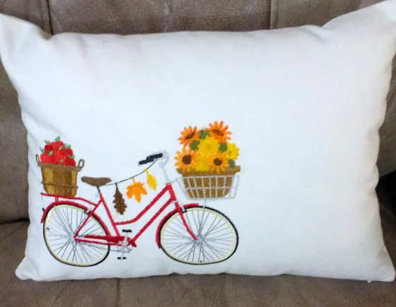 Bike Pillow cover for Fall, Embroidered bicycle pillow covers, October bike pillow