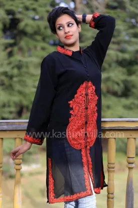 Black Color Kashmiri Aari Work Embroidered Tunics Enriched With Designer Center Pattern