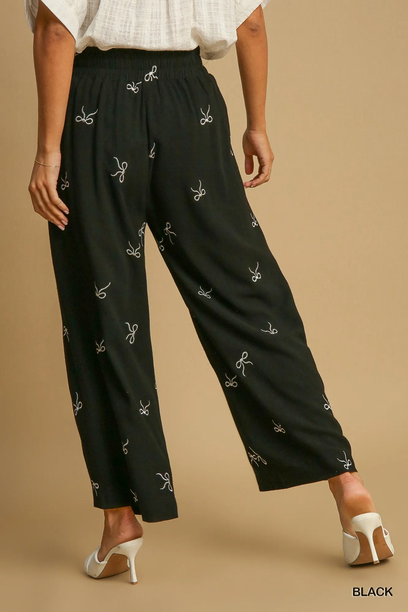 Black Linen Blend Pants w/ Ecru Embroidered Bows