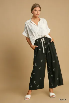 Black Linen Blend Pants w/ Ecru Embroidered Bows