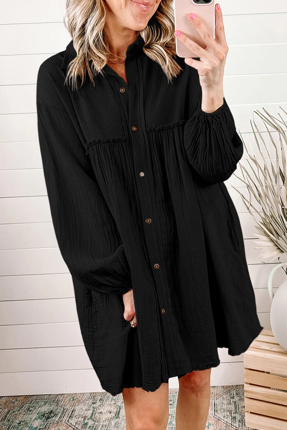 Black Patchwork Crinkle Puff Sleeve Shirt Dress