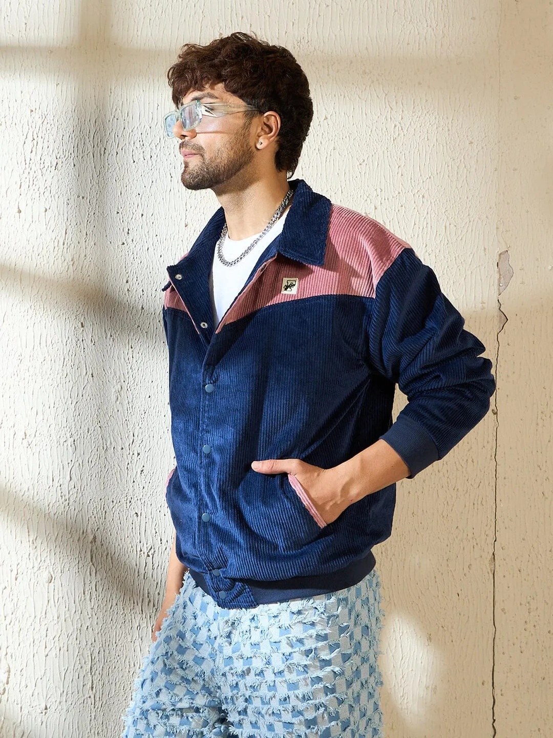 Blue and Mauve Cut And Sew Corduroy Jacket