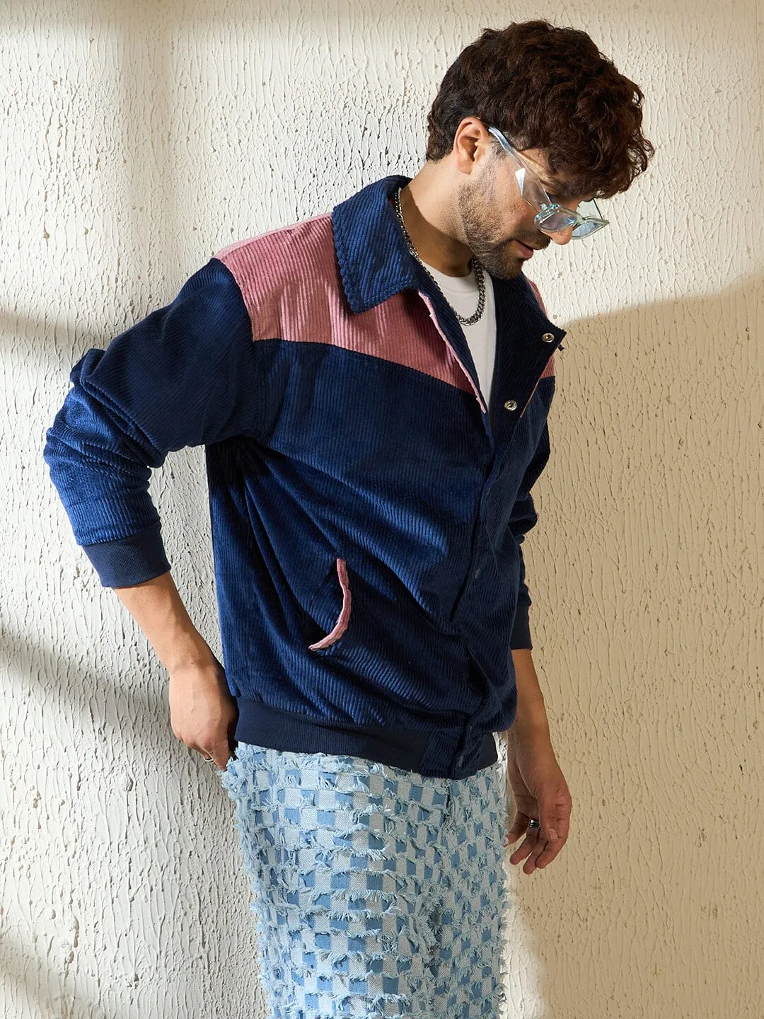 Blue and Mauve Cut And Sew Corduroy Jacket