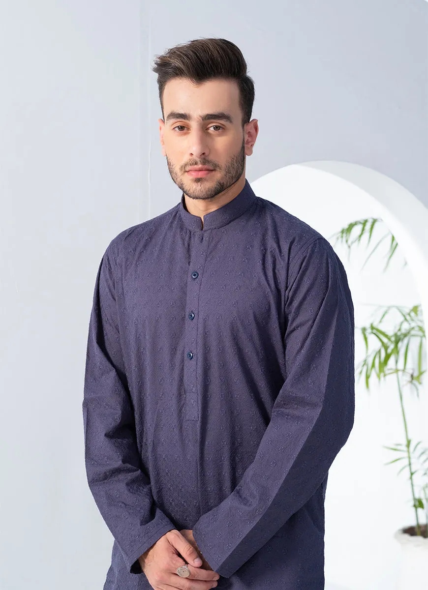 Bluish Grey Self Embroidered Schiffli Cotton Kurta