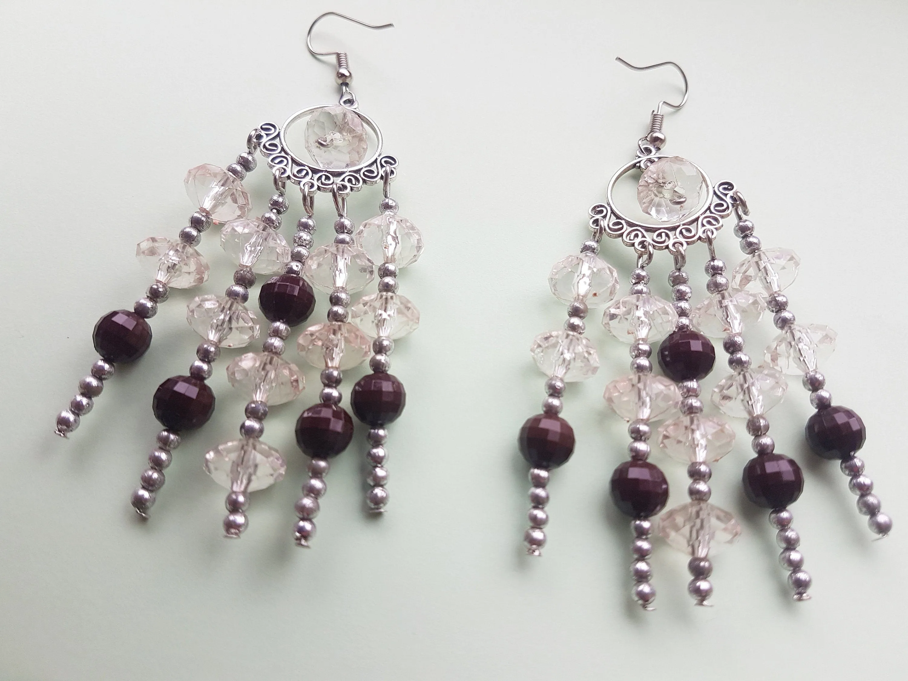 Brown Clear Bead Silver Dangle Earrings