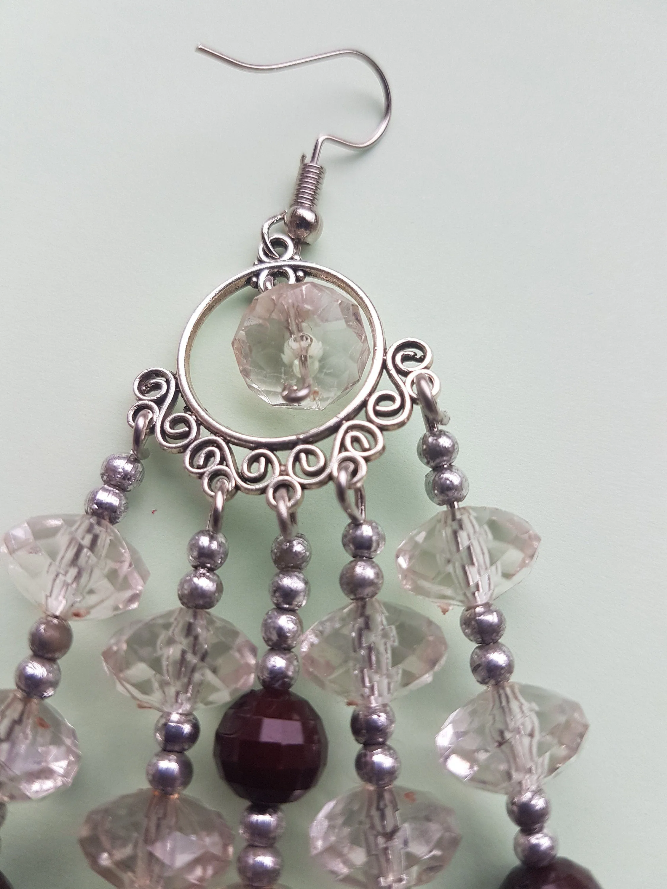 Brown Clear Bead Silver Dangle Earrings