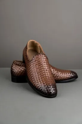 Brown Woven Patterned Leather Shoes