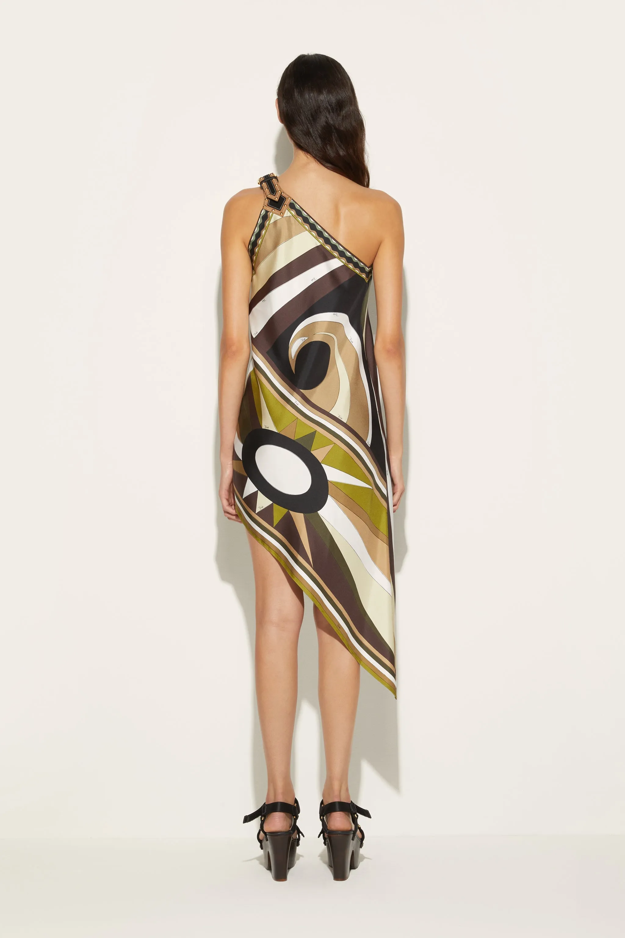 Cigni-Print Asymmetric Silk-Twill Dress