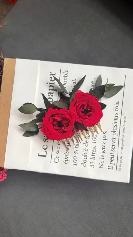 Classic Wedding Red Rose and Eucalyptus Hair Piece for Brides, Bridal Rose and Greenery Floral Hair Comb, French Red Rose Bridal Headpiece