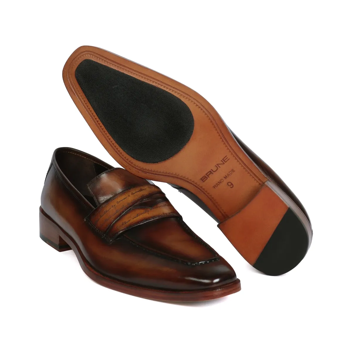 Cognac Sleek Toe Leather Loafers with Contrasting Darker Laser Engraved Strap