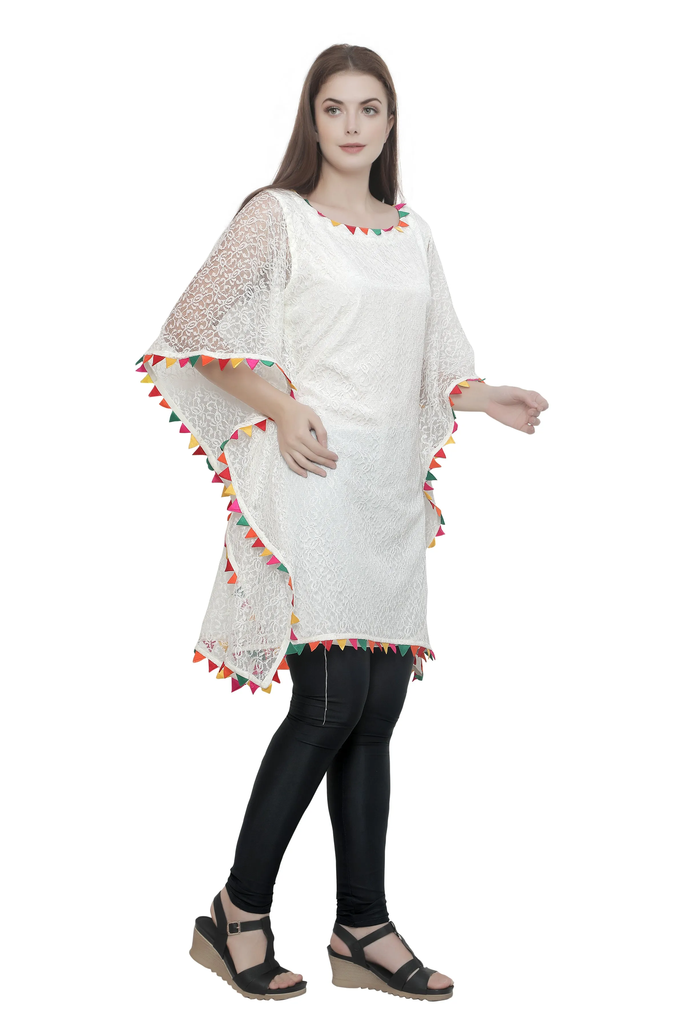 Cream Floral Net Beach Caftan with Colorful Trim