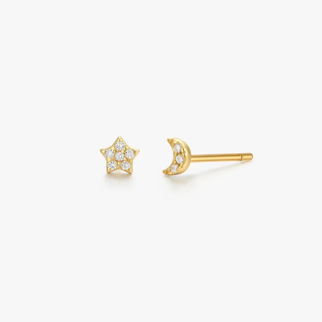 Crystal Moon   Star Sterling Studs in Gold