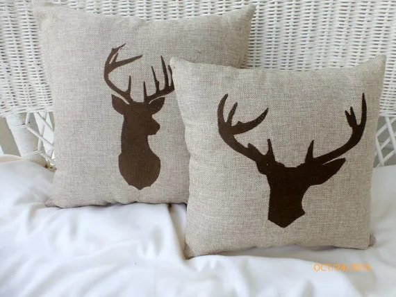 Deer Pillow, Embroidered Deer Head, Burlap pillows