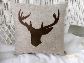 Deer Pillow, Embroidered Deer Head, Burlap pillows