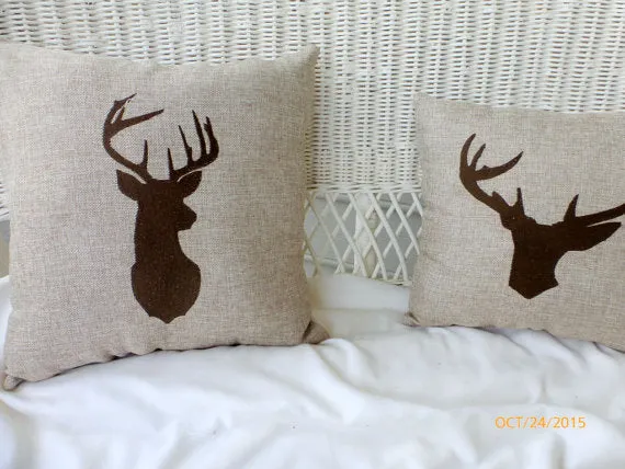 Deer Pillow, Embroidered Deer Head, Burlap pillows