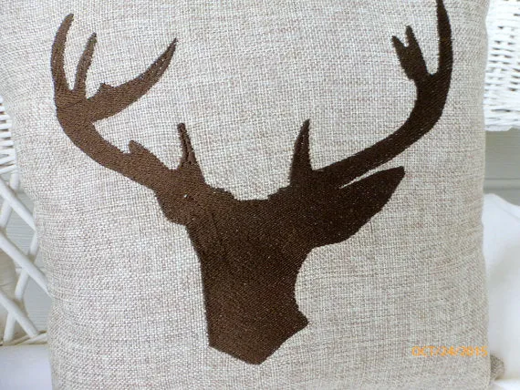 Deer Pillow, Embroidered Deer Head, Burlap pillows