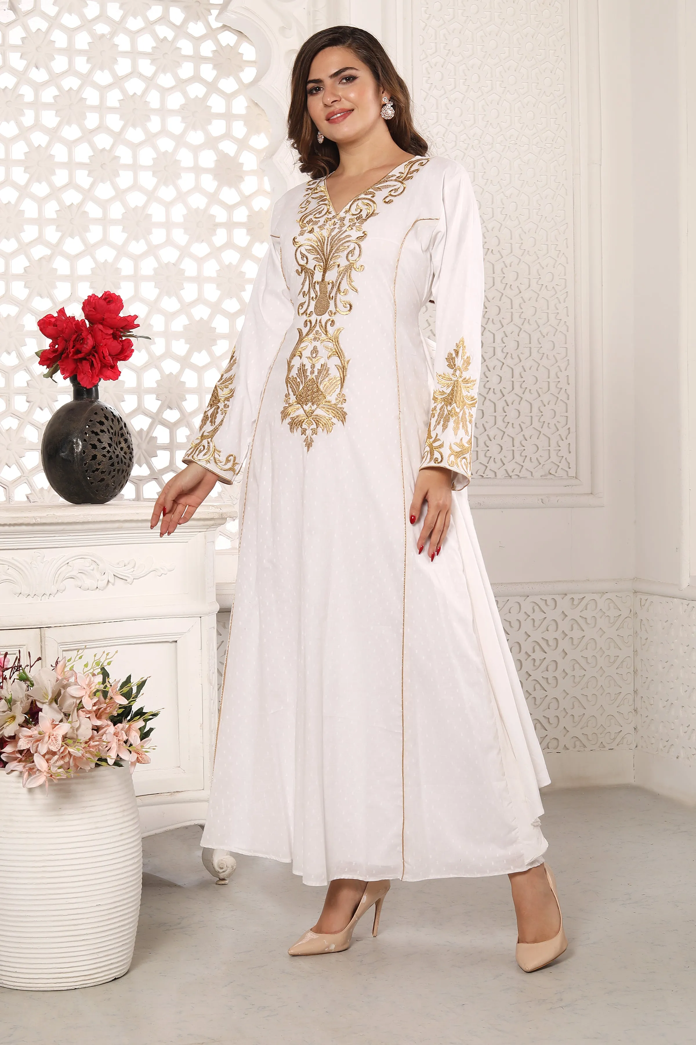 Designer Kaftan Rayon Maxi Dress with gold Threadwork embroidery