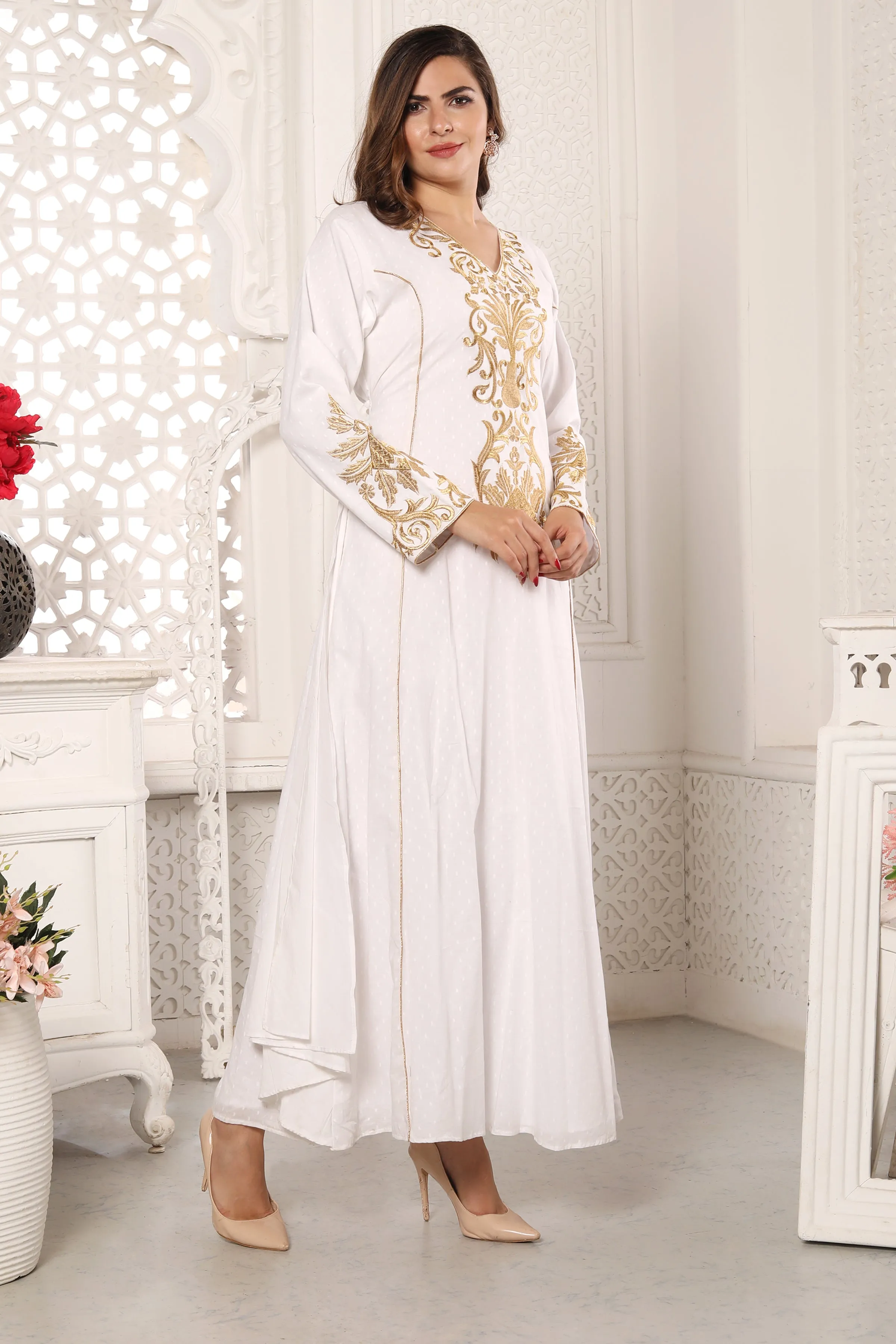 Designer Kaftan Rayon Maxi Dress with gold Threadwork embroidery