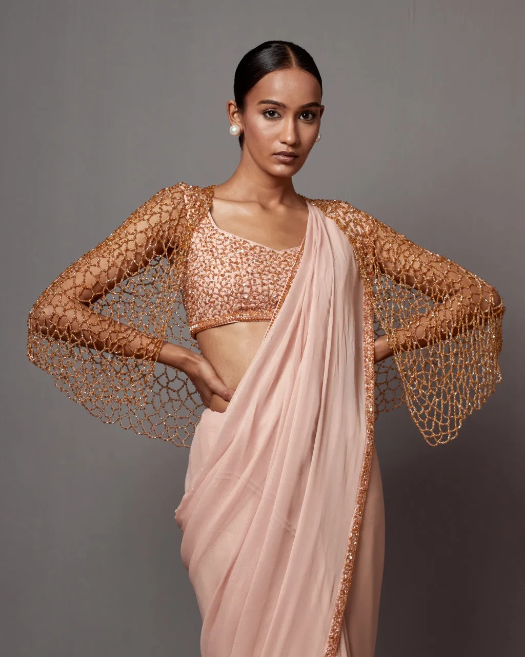 Dust Rose Jaal Cape Sari Set