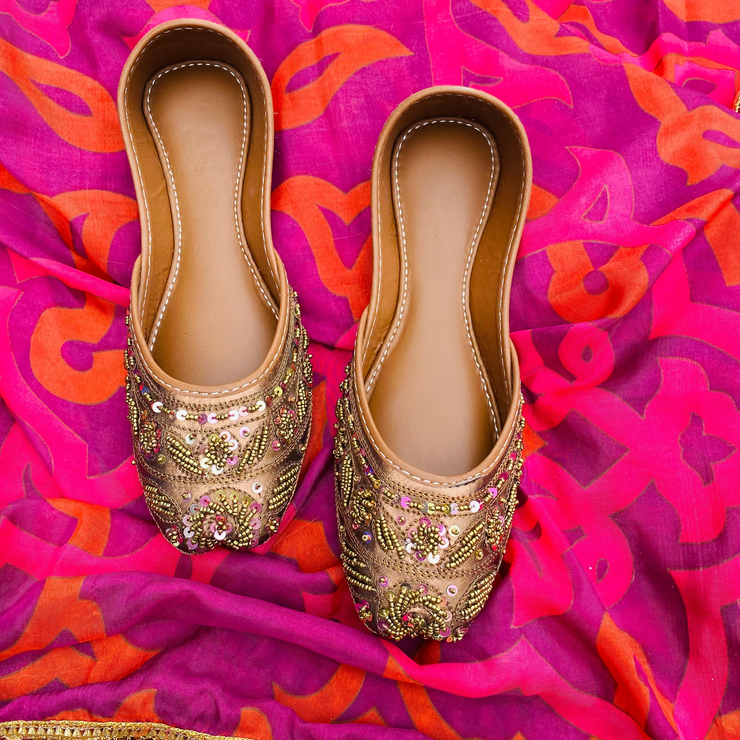 Fancy Moti Sitara Work Khussa - Golden Brown