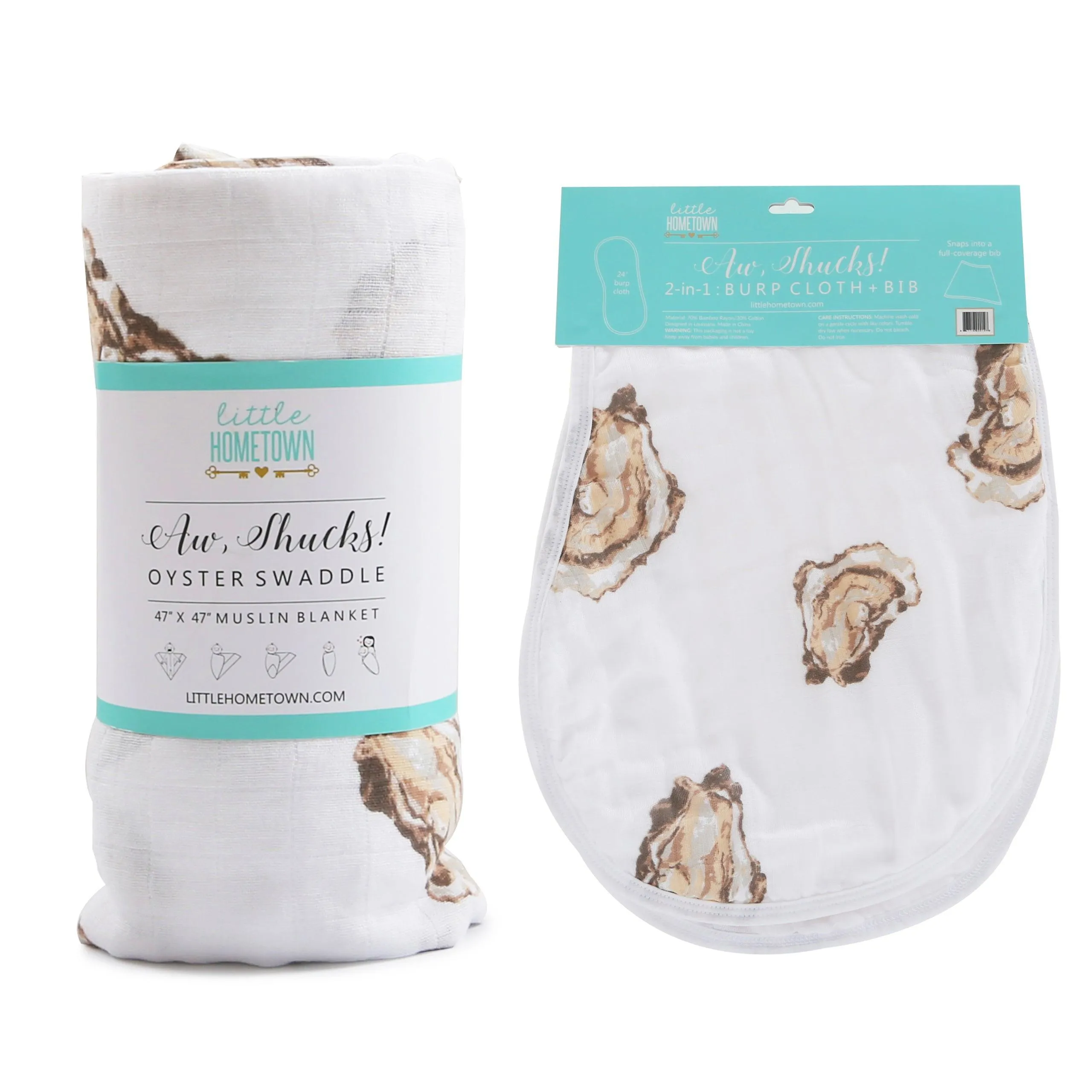 Gift Set: Aw Shucks! Oyster Baby Muslin Swaddle Blanket and Burp Cloth/Bib Combo