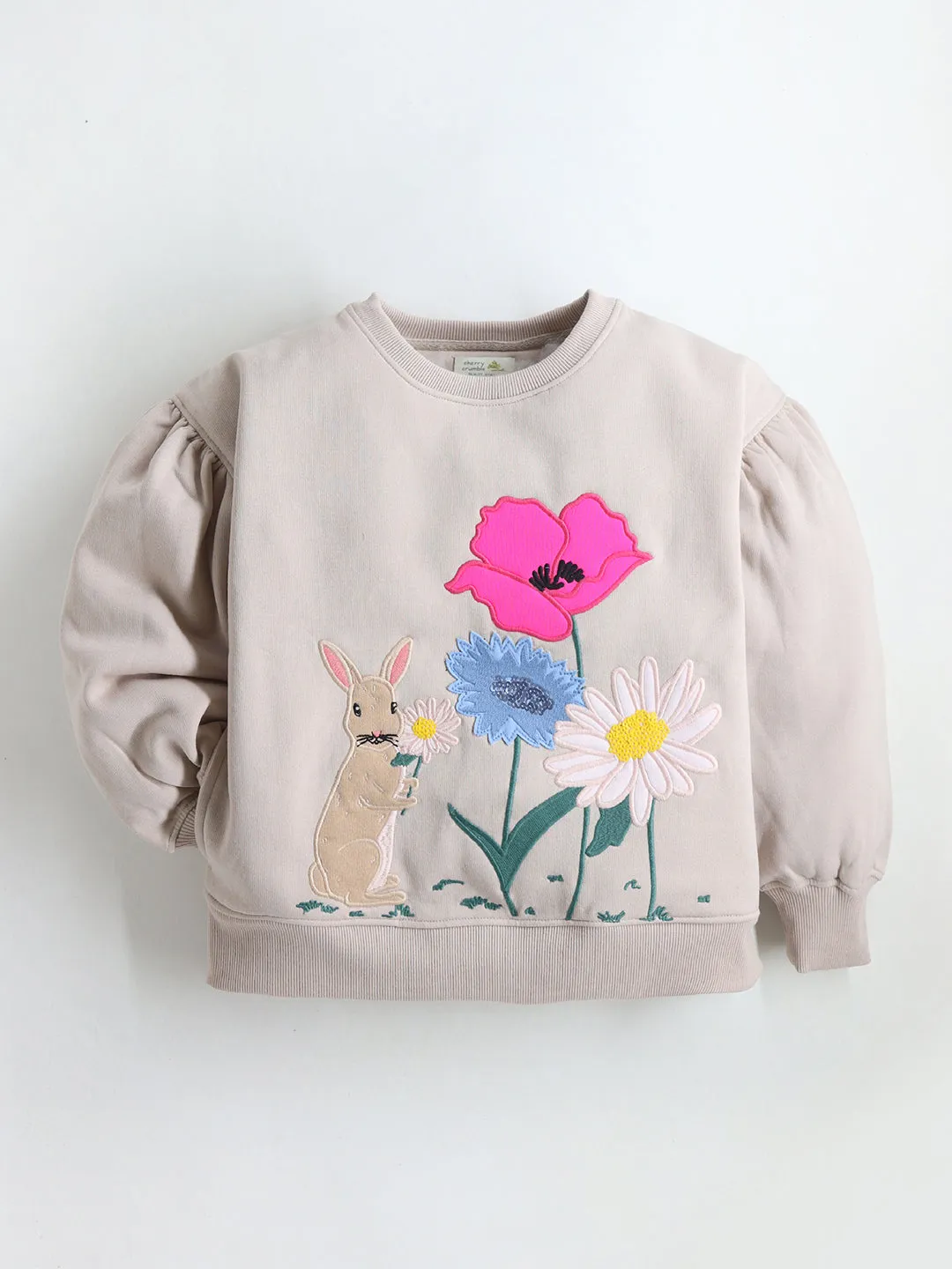 Girls Cream Embellished Applique Sweatshirt