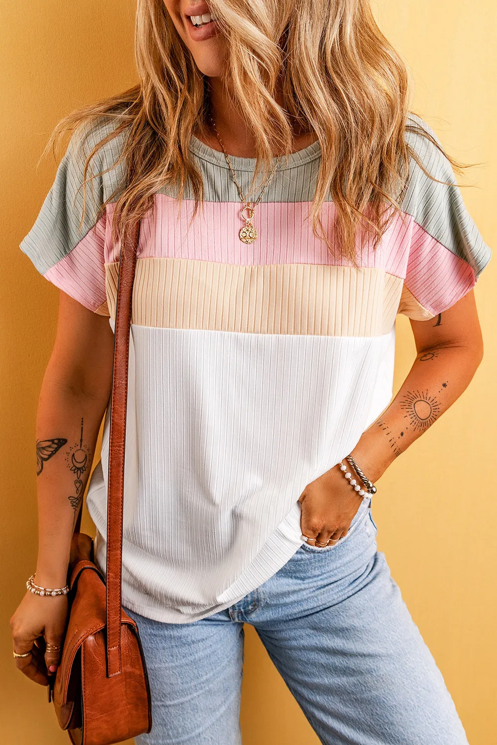 Gray Ribbed Color Block Patchwork T-shirt