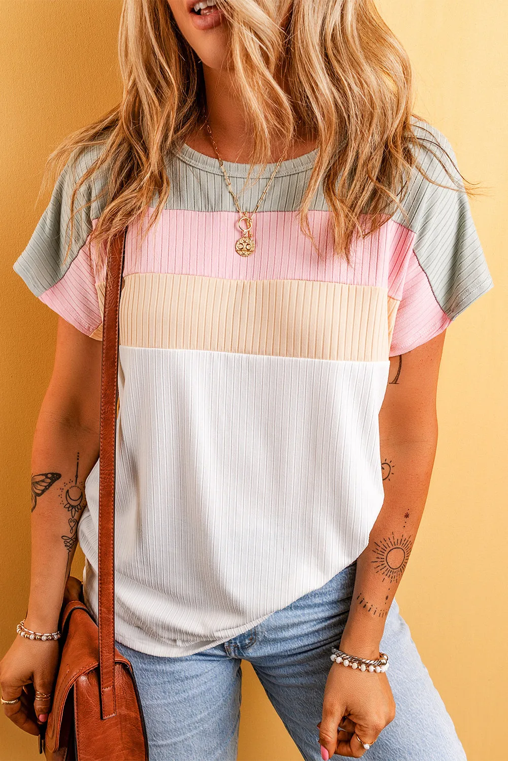 Gray Ribbed Color Block Patchwork T-shirt