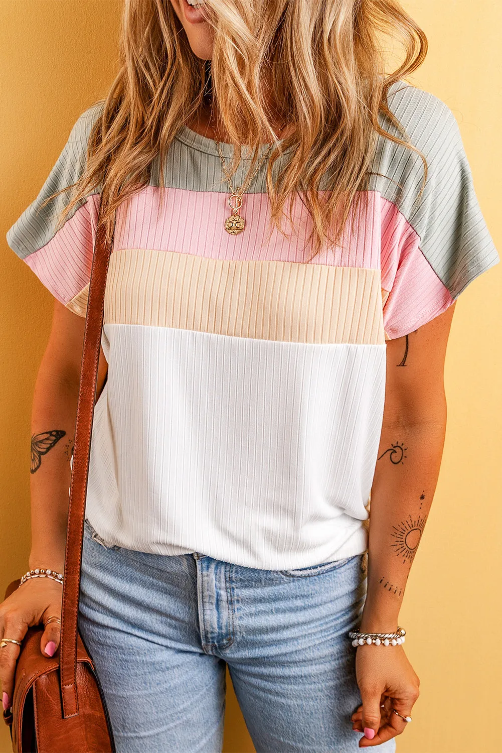 Gray Ribbed Color Block Patchwork T-shirt