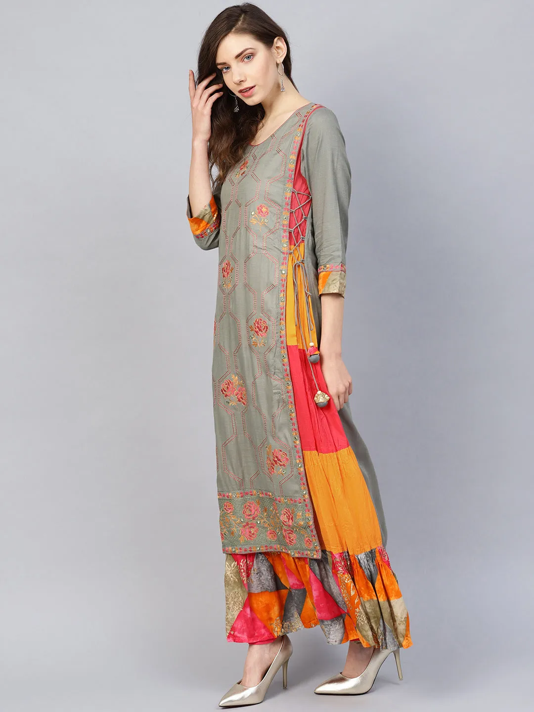 Grey Embroidered Anarkali Kurta